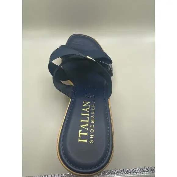 Italian Shoemakers Woman 10 Blue Elastic Straps Wedge Sandals Slide Slip On - Picture 6 of 9